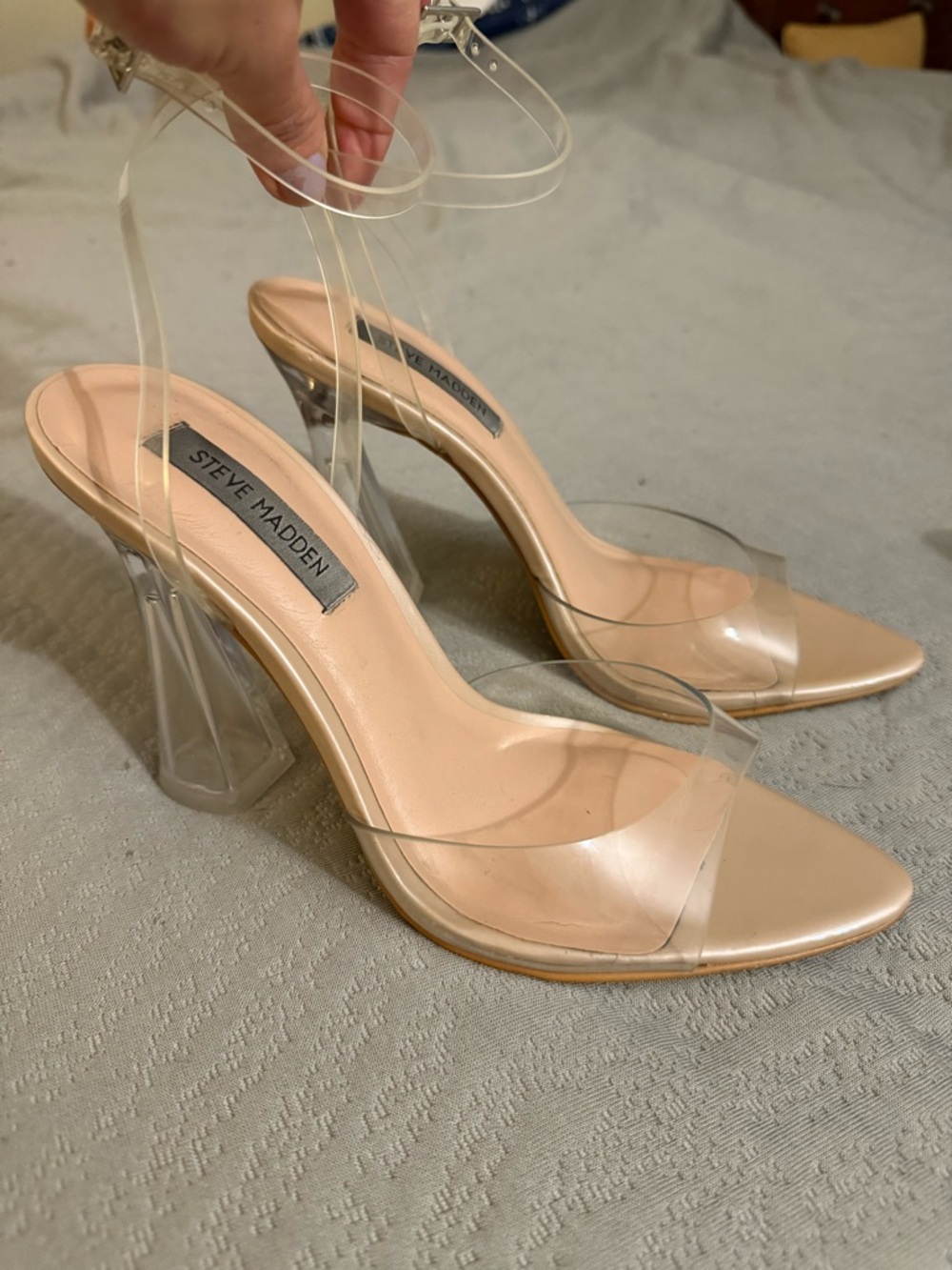 Steve Madden Nude and Clear Ankle-Strap Sculpted Heel Sandals